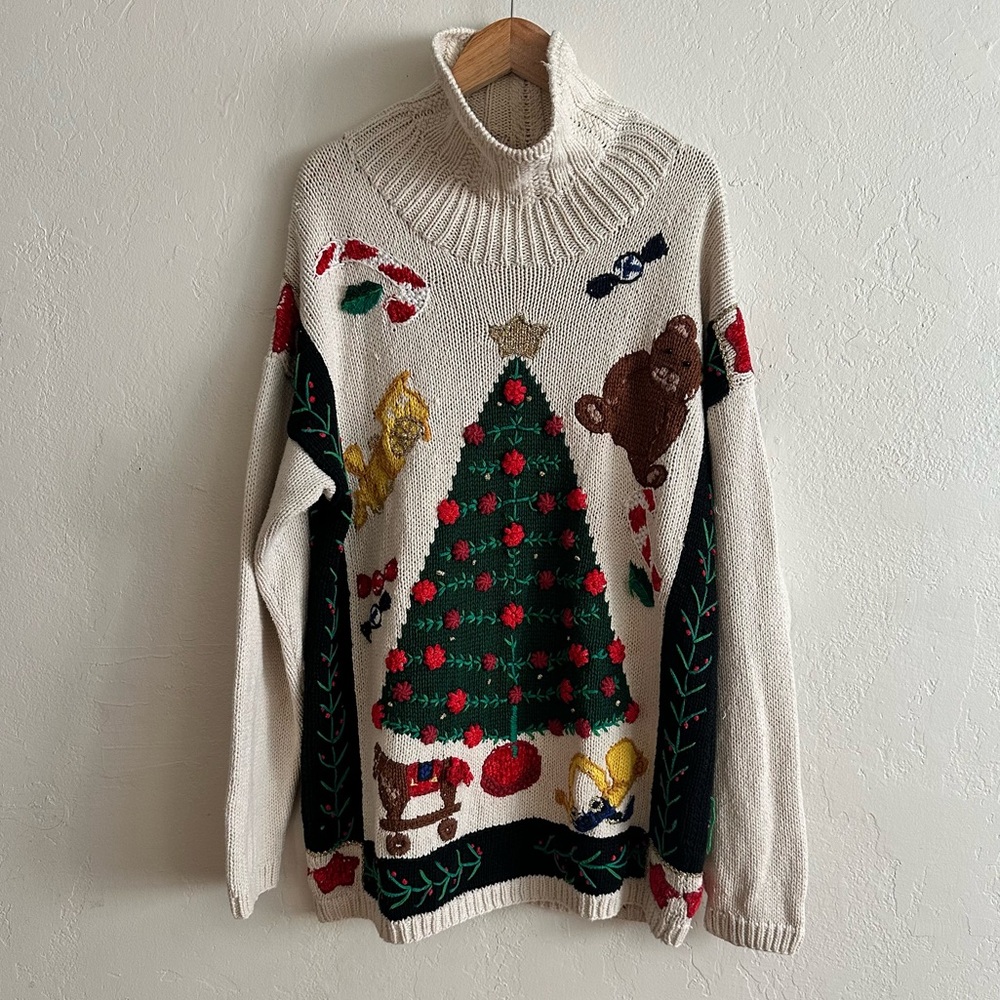Lauren Hansen Knit Ugly Christmas Sweater Teddy Bear Christmas Tree Size Medium